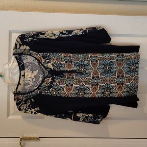 Fig and Flower Women's Top - Blue with Floral And Geometric Accents